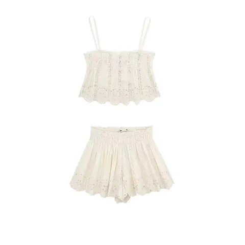 Sexy White Eyelet Lace Embroidery Camisole Crop Top And High Waisted Scalloped Edge Shorts Bohemian Summer Outfits