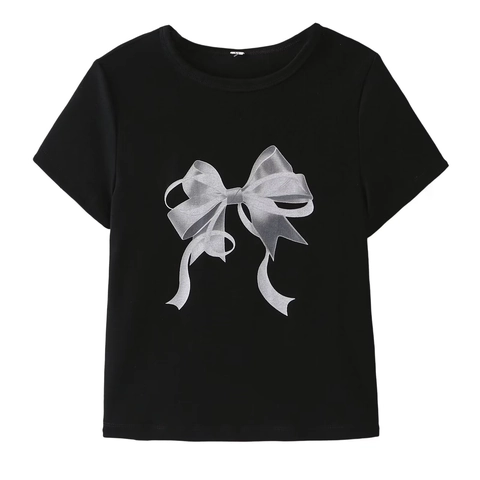 Camiseta Informal De Mezcla De Algodón Para Mujer Cuello Redondo Manga Corta Lazo Con Efecto Satén Estampado Gráfico Top
