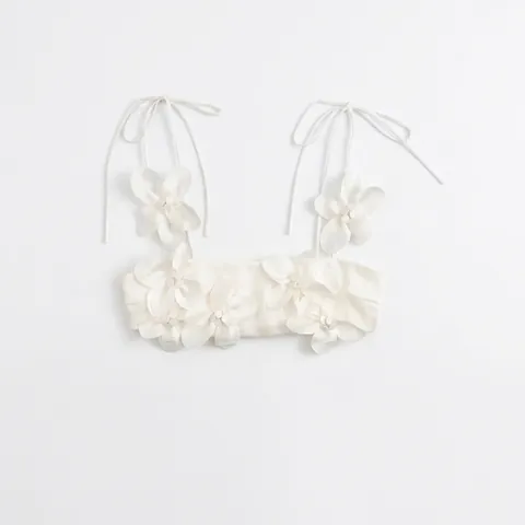 Débardeur Femme Élégant en Satin Blanc Avec Décoration Florale 3D Bretelles À Nouer Ajustables Coupe Ajustée Sexy Party Crop Top