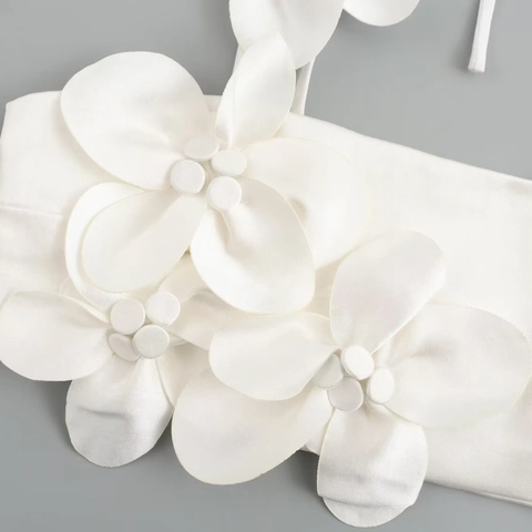 Women Elegant White Satin Camisole Top With 3D Floral Decoration Adjustable Tie Straps Slim Fit Sexy Party Crop Top