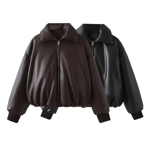 Damen Casual PU-Leder Wattierte Jacke Oversized Brotmantel Revers Reißverschluss Kurz Dick Warm Kunstleder Oberbekleidung Für Winter