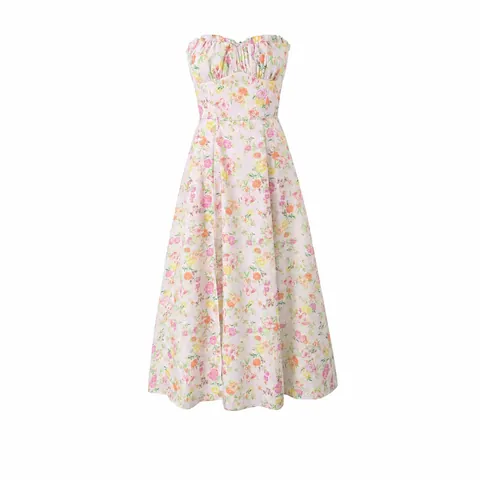 Women Casual Floral Print Tube Top Dress Cotton Sleeveless Ruffle A-Line Midi Dress For Summer Vacation Pink Clothing