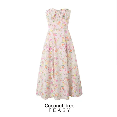 Robe Bustier Femme Décontractée Imprimé Fleuri Coton Sans Manches Volants Ligne A Robe Midi pour Vacances d'Été Rose