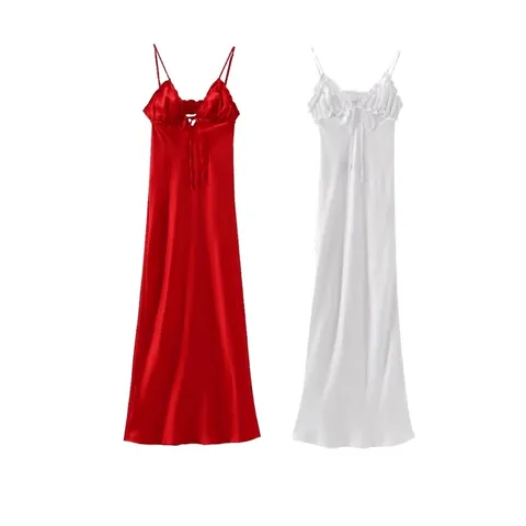 Vestito Midi da Donna Sexy in Raso con Spalline Sottili Scollo a V Volant Patchwork Fiocco Senza Schiena Traforato a Linea A