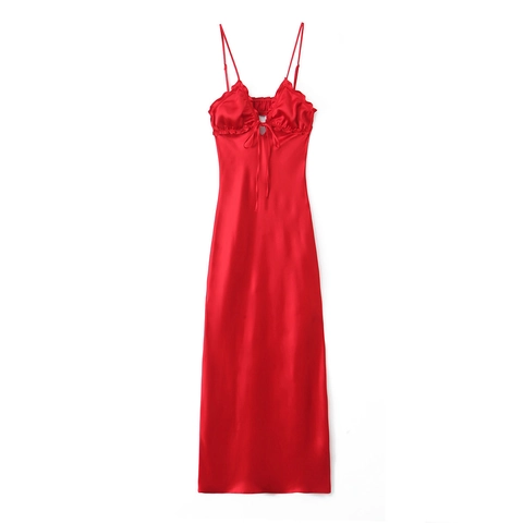 Vestito Midi da Donna Sexy in Raso con Spalline Sottili Scollo a V Volant Patchwork Fiocco Senza Schiena Traforato a Linea A