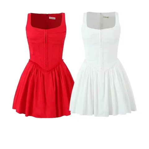 Women's French Vintage Corset Style Mini Dress Square Neck Sleeveless Pleated A-Line Bustier Summer Cotton Blend Dress