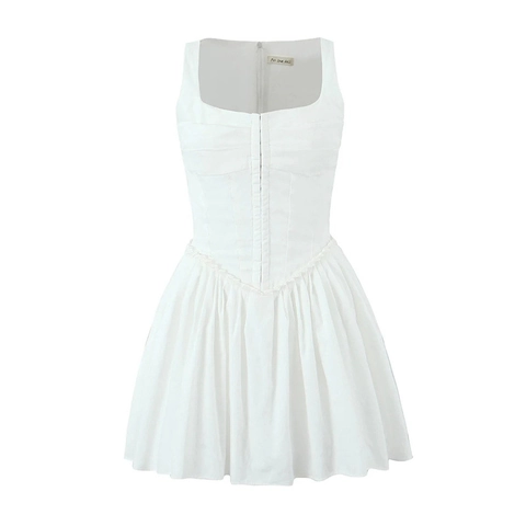 Women's French Vintage Corset Style Mini Dress Square Neck Sleeveless Pleated A-Line Bustier Summer Cotton Blend Dress
