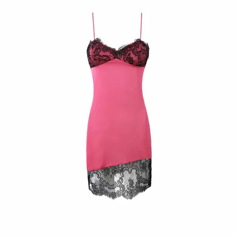French Sexy Lace Satin Patchwork Slip Dress Women V Neck Spaghetti Strap Pink Black Mini Bodycon Dress Summer Party Wear