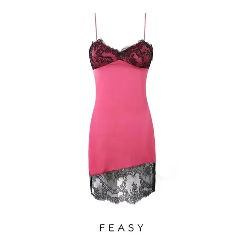 Abito Sottoveste Sexy in Raso e Pizzo Francese Donna Scollo a V Spalline Sottili Rosa Nero Mini Abito Bodycon Abbigliamento Estivo