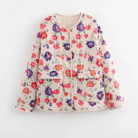Giacca Trapuntata da Donna Vintage con Stampa Floreale di Rose Girocollo Manica Lunga Monopetto Casual Cappotto Imbottito in Cotone con Tasche
