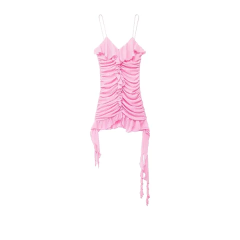 Mini-robe Plissée Sexy pour Femme Rose à Fines Bretelles Col en V Volants Robe d'Été Vacances Fête Moulante Robe Courte