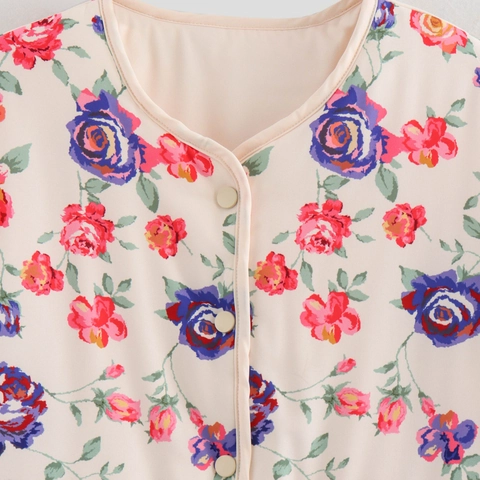 Giacca Trapuntata da Donna Vintage con Stampa Floreale di Rose Girocollo Manica Lunga Monopetto Casual Cappotto Imbottito in Cotone con Tasche