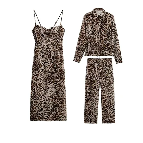 Women Leopard Print Satin 3 Piece Set Long Sleeve Shirt Midi Dress And Straight Leg Pants Casual Summer Vacation Outfit