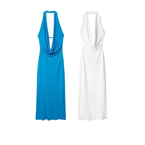 Damen Sexy Halterneck Rückenfrei Gerafftes Maxikleid Tiefer V-Ausschnitt Ärmellos Sommerurlaub Nachtclub Party Langes Kleid