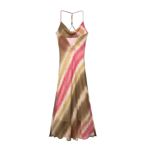 Damen Batik Maxikleid Wasserfall Ausschnitt Perlen Spaghetti Träger Rückenfrei Böhmisch Sommer Urlaub Sexy Satin Optik Langes Slip Kleid