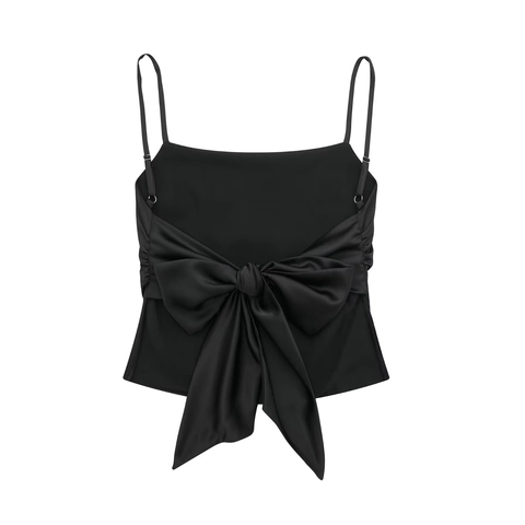 Damen Casual Satin Camisole Top Spaghetti-Träger Große Schleife am Rücken Sommer Ärmellose Weste Streetwear Einfarbige Bluse