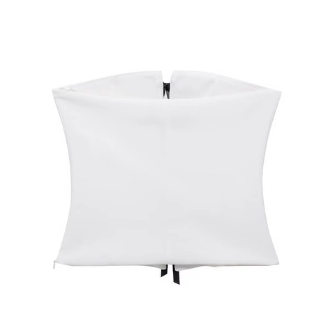 Damen Sexy Schulterfrei Weiß Crop Top Mit Schwarzen Satin Schleifen Vintage Slim Fit Bustier Bandeau Top Reißverschluss Sommer Mode