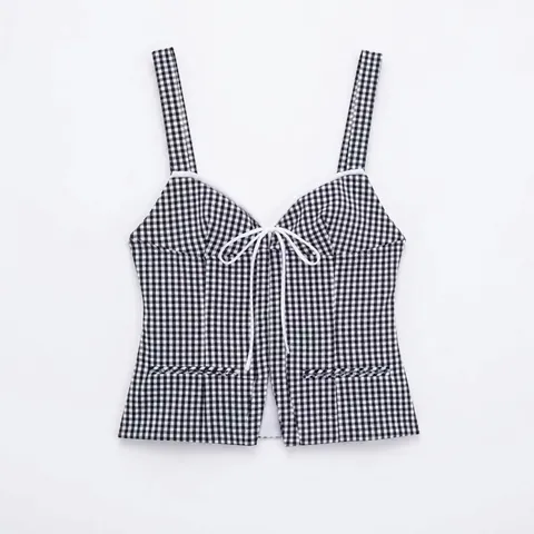 Canotta Donna Sexy Quadretti Vichy Corta Vestibilità Slim Scollo A Cuore Con Fiocco Coulisse Estate Moda Top Senza Maniche