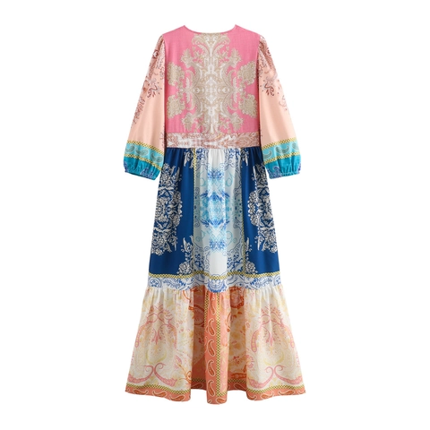 Vestido Largo Bohemio para Mujer con Estampado de Cachemir Cuello en V Manga Larga Patchwork Dobladillo Escalonado Vintage Fluido Vestido de Playa