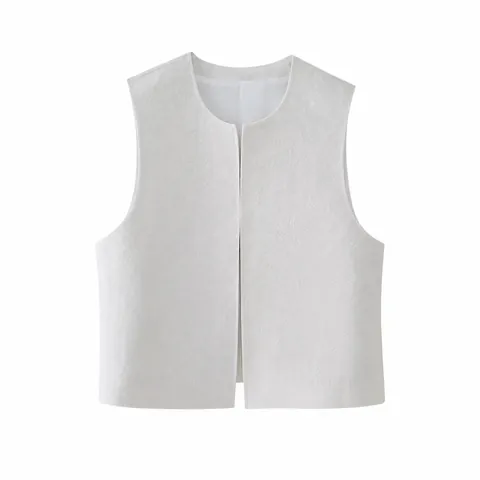 Women Sleeveless Round Neck Quilted Embroidery Vest Summer Streetwear Casual Off White Padded Waistcoat Cardigan Top