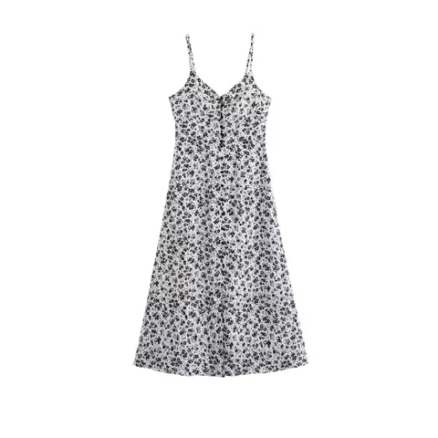 Damen Elegant Blumenmuster Träger V-Ausschnitt Midi Kleid Sommer Ärmellos A-Linie Knopfleiste Vorne Urlaub Langes Sommerkleid