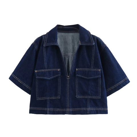 Women Denim Short Sleeve Shirt And Asymmetric Skort Summer Casual Streetwear Fashion Outfit With Contrast Stitching Pockets