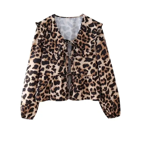 Camicetta Leopardata da Donna Manica Lunga Colletto Peter Pan Volant Fiocco Anteriore Camicia Vintage Animalier
