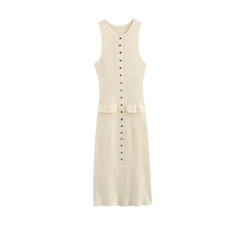 Damen Geripptes Strick Ärmelloses Midi-Kleid Elegant Einreihiges Slim Fit Off-White Tank-Kleid Mit Taschen Detail