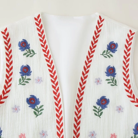 Women Ethnic Floral Embroidered Vest White Sleeveless Open Front Short Waistcoat Streetwear Summer Bohemian Outerwear Top