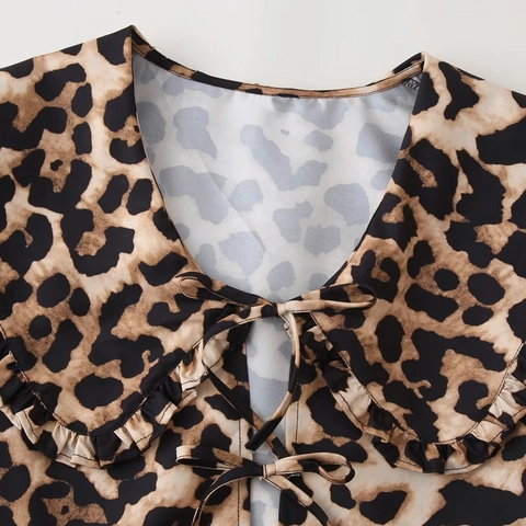 Camicetta Leopardata da Donna Manica Lunga Colletto Peter Pan Volant Fiocco Anteriore Camicia Vintage Animalier