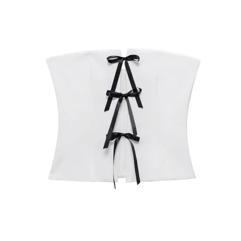 Damen Sexy Schulterfrei Weiß Crop Top Mit Schwarzen Satin Schleifen Vintage Slim Fit Bustier Bandeau Top Reißverschluss Sommer Mode