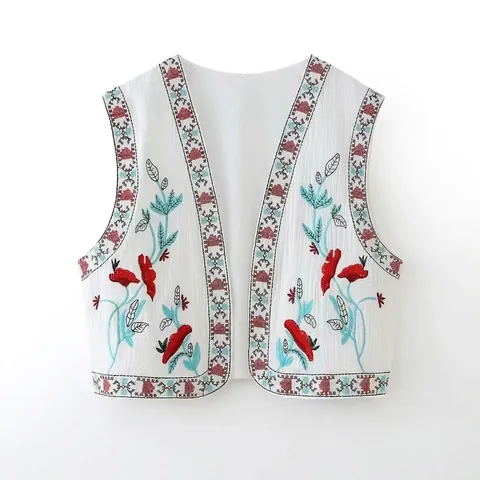 Boheemse Geborduurde Damesvest Mouwloos Open Voorkant Korte Weste Etnisch Bloemen Kreukstof Zomer Streetwear Top