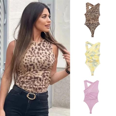 Γυναικείο Σέξι Ασύμμετρο Πτυχωτό Δίχτυ Bodysuit Αμάνικο Halter One Shoulder Καλοκαιρινό Τοπ για Παραλία Slim Fit