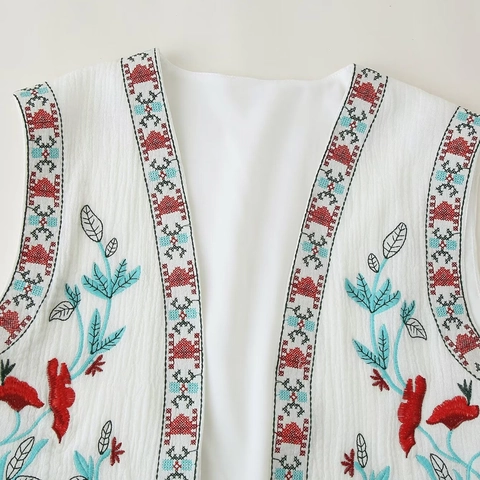 Boheemse Geborduurde Damesvest Mouwloos Open Voorkant Korte Weste Etnisch Bloemen Kreukstof Zomer Streetwear Top