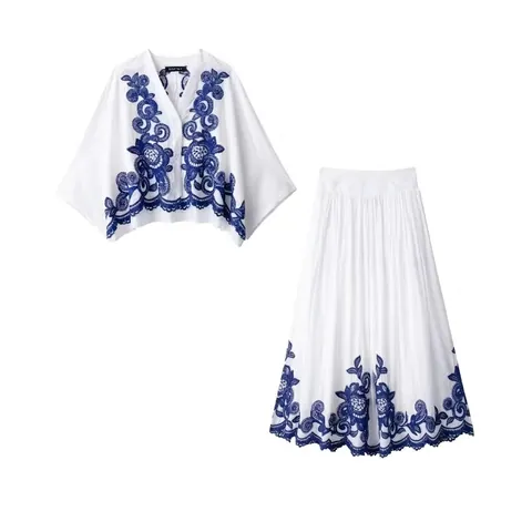 Women Embroidery Shirt And Pleated Skirt White Blue Floral Polyester V-Neck Long Sleeve Bohemian Vacation Top And Skirt