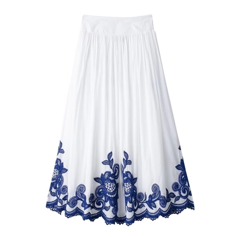 Women Embroidery Shirt And Pleated Skirt White Blue Floral Polyester V-Neck Long Sleeve Bohemian Vacation Top And Skirt