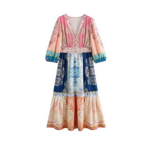 Vestido Largo Bohemio para Mujer con Estampado de Cachemir Cuello en V Manga Larga Patchwork Dobladillo Escalonado Vintage Fluido Vestido de Playa