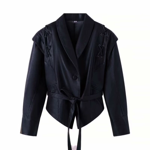 Damen Mode Kunstleder Mantel Schalkragen Schnürung Schulter Gürtel Jacke Casual Asymmetrischer Saum PU Leder Oberbekleidung Für Herbst Winter