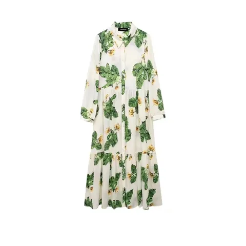 Damen Frisch Süß Blumenmuster Midi Kleid Langarm Hemdkragen Gestufter Rock Botanisches Blattmuster Lässiges Urlaubskleid