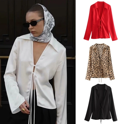 Women Sexy V Neck Tie Front Satin Blouse Elegant Long Sleeve Bow Top Streetwear Casual Lapel Solid Leopard Print Shirt