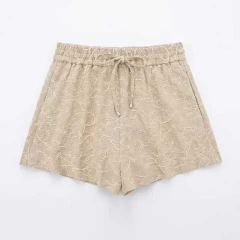 Dames Casual Zomer Shorts Elastische Taille Trekkoord Borduurwerk Bloemen Polyester Mix Kameel Strand Shorts Hotpants