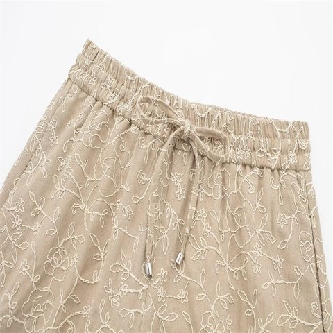 Dames Casual Zomer Shorts Elastische Taille Trekkoord Borduurwerk Bloemen Polyester Mix Kameel Strand Shorts Hotpants
