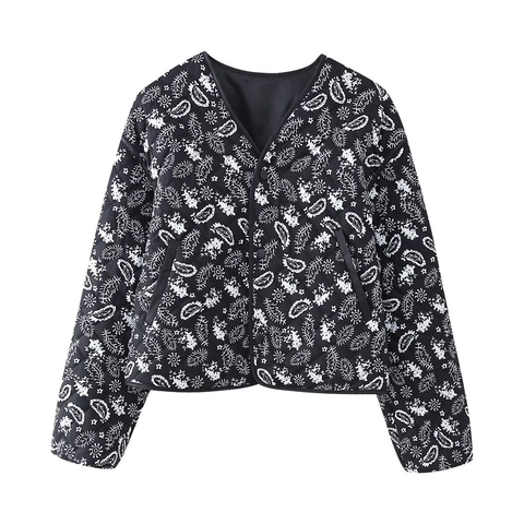 Women Paisley Print Quilted Jacket V Neck Single Breasted Long Sleeve Street Casual Vintage Light Padded Jacket Coat