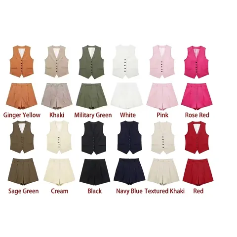 Women Linen Blend Solid V Neck Sleeveless Button Waistcoat And High Waist Wide Leg Shorts Casual Elegant Summer Outfit Set
