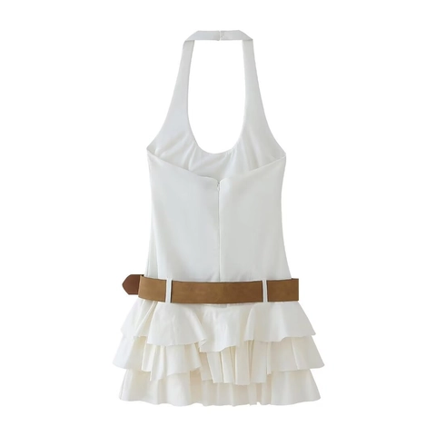 Women Halter Neck Mini Dress Summer Sleeveless Tiered Ruffle Cake Dress With Belt Solid White Beach Holiday Party Dress