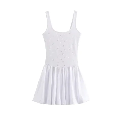 Dames Witte Broderie Anglaise Mini Jurk Mouwloos U-hals Hoge Taille Geplooide Ballonzoom Opengewerkt Sexy Korte Jurk