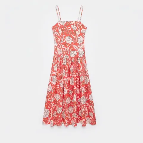 Vestido de Verano para Mujer Flores Tropicales Tirantes Finos Línea A Elegante Escote Cuadrado Vacaciones Rojo Coral Maxi