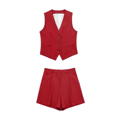 Women Linen Blend Solid V Neck Sleeveless Button Waistcoat And High Waist Wide Leg Shorts Casual Elegant Summer Outfit Set