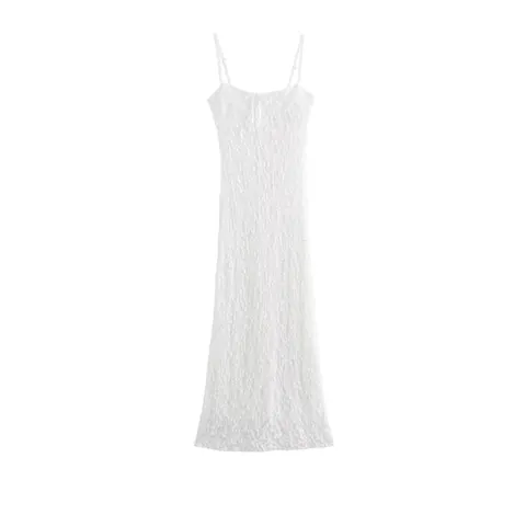 Damen Elegant Weiß Spitze Träger Maxikleid Sexy Slim Fit Schleife Rückenfrei Ärmellos Langes Kleid Für Sommer Party Urlaub