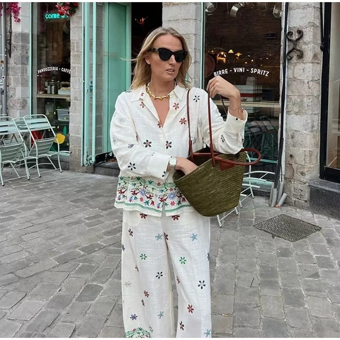 Damen Blumenstickerei Langarm Revers Hemd Und Gerade Hose Zweiteiler Lässige Streetwear Sommer Outfit